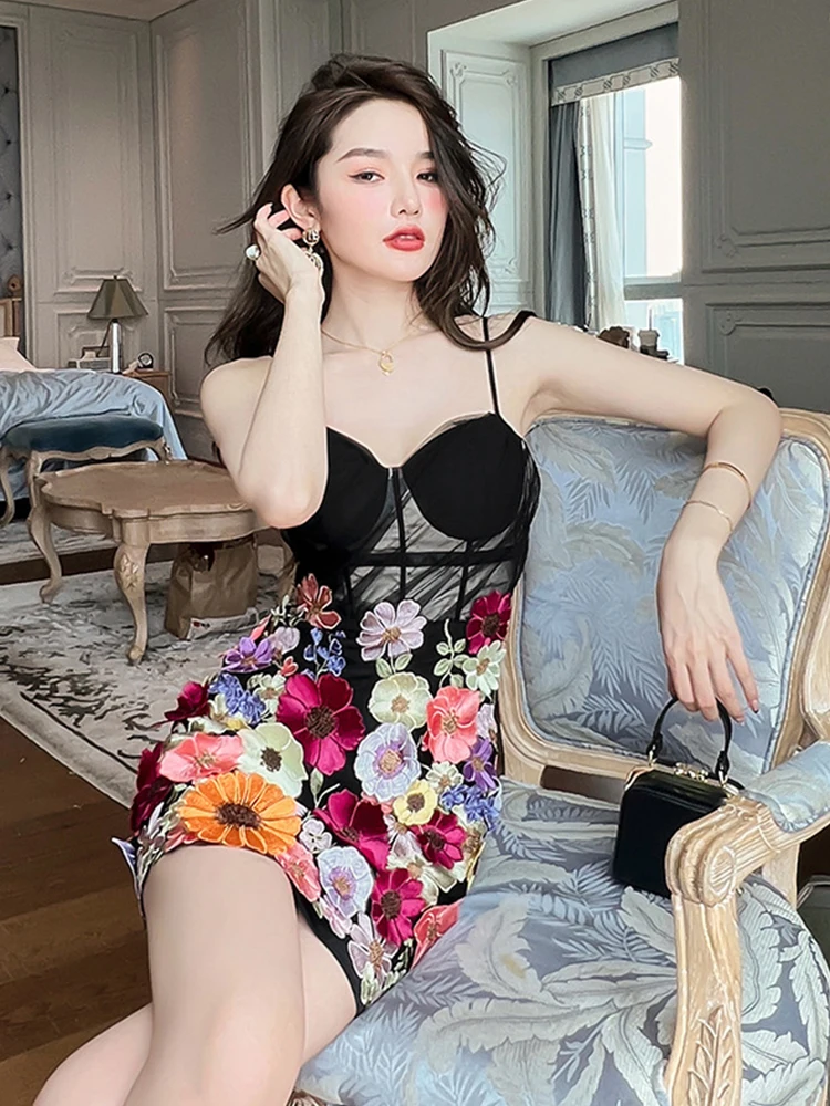 2023 Summer Short Dress for Women Embroidery Lace Floral Panel Mesh Sling Slip Camis Mini Gown Femme Party Vestido Hotsweet Club