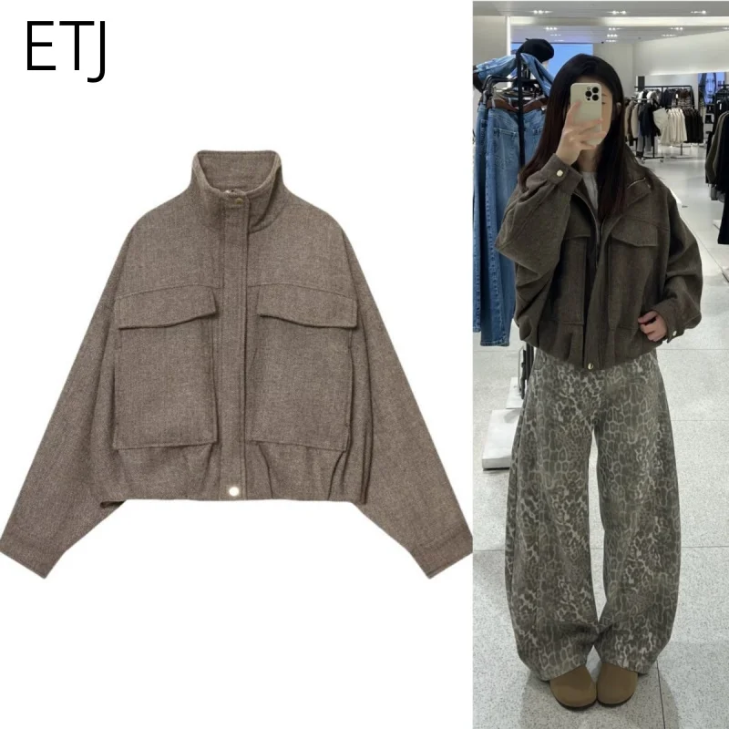ETJ 2025 winter women's new vertical collar herringbone clamshell large pocket loose bomber jacket short jacket