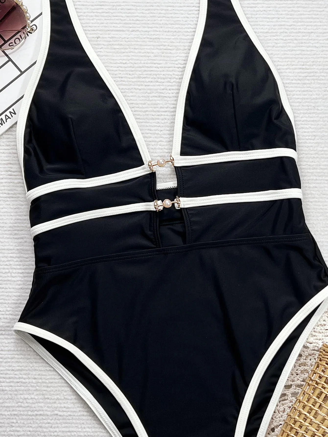 sexy leopard print deep v-neck swimsuit one piece hollow out beads bikini swimwear bodysuits women biquini bathing suits tankini