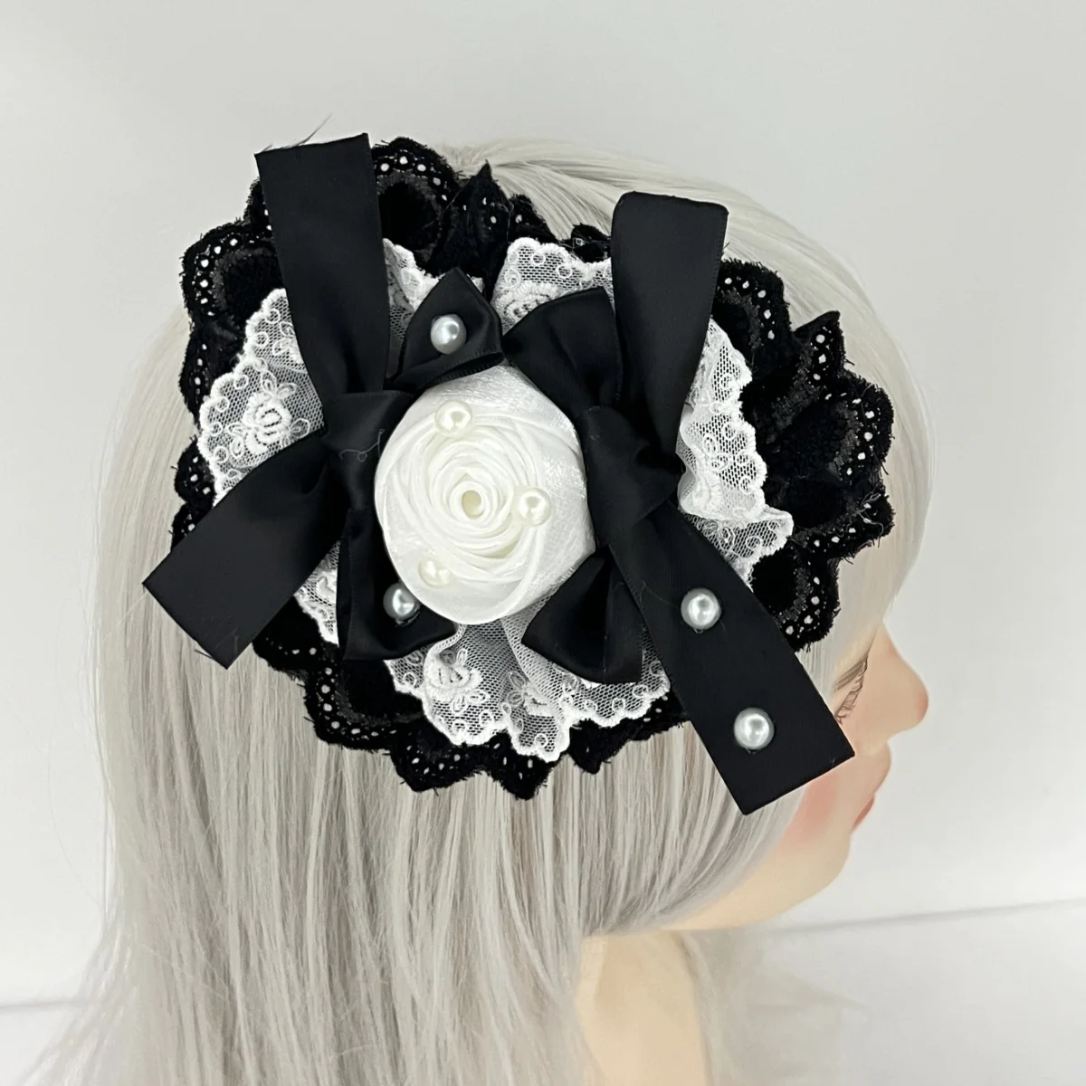 

Heart Bow Hairband with Hairpins Girls Lolita Lace Ruffled Headband Sweet Star Embroidery Anime Maid Cosplay Headdress