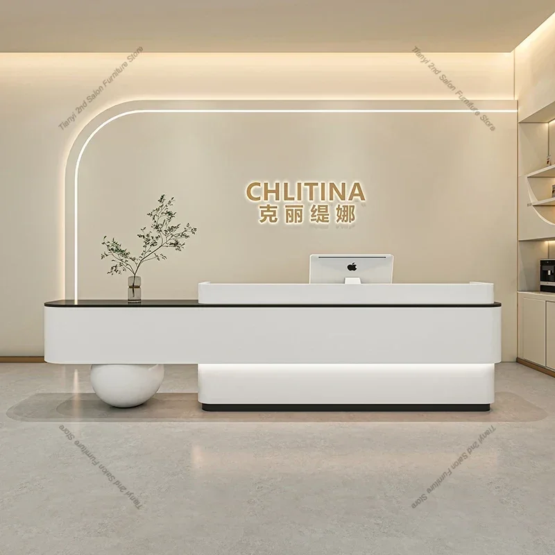 Modern simple reception desks of places like salons, bars, firms, hotels, stores, and checkouts, with custom-painted tables