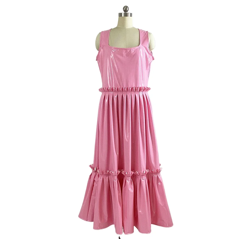 Women's Large Swing Dress, Shiny Sleeveless Pleat, High Waist, PVC Long Dress, Party Ruffle, Layered, A-line, Fashion