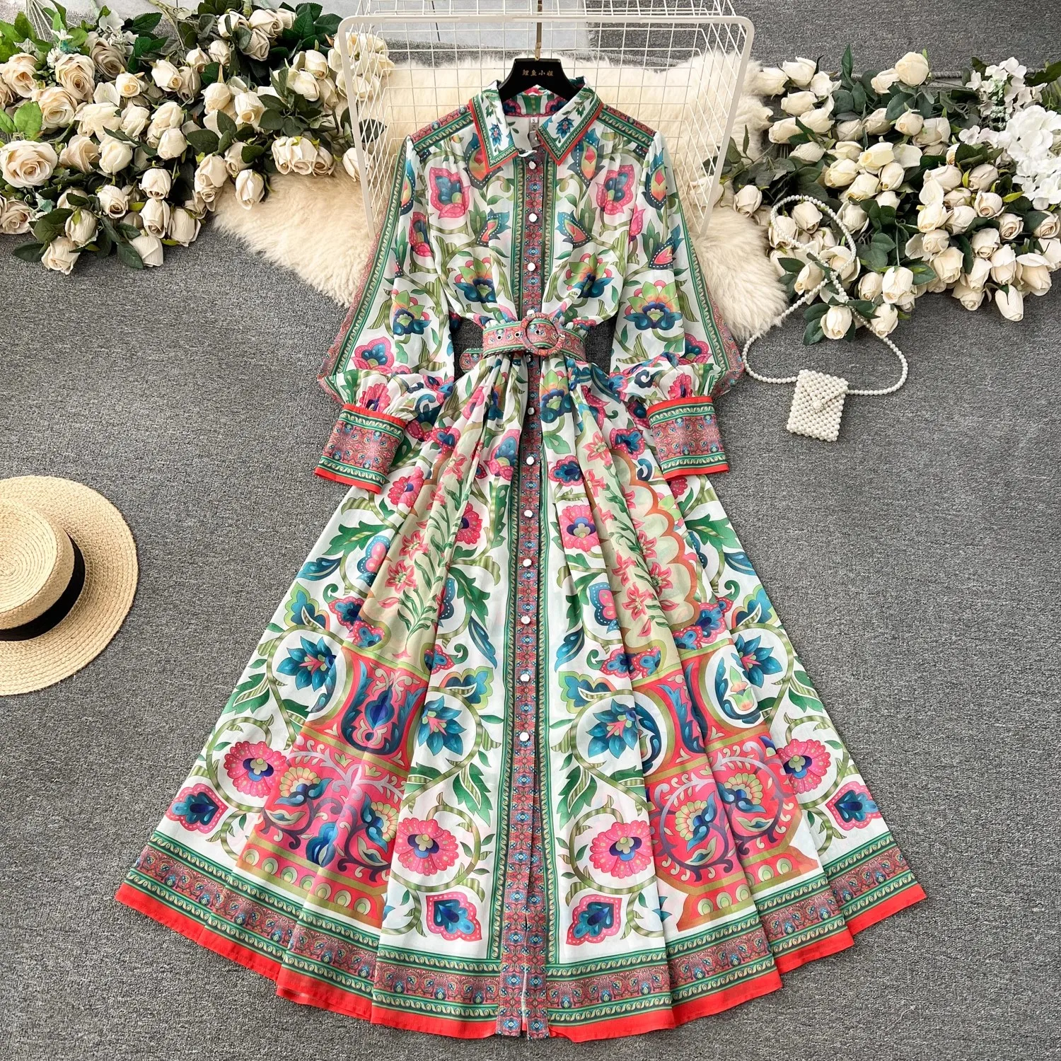 Spring Summer Holiday Gorgeous Flower Chiffon Dresses Women\'s Stand Long Lantern Sleeve Belt Floral Print Loose Robe Vestidos