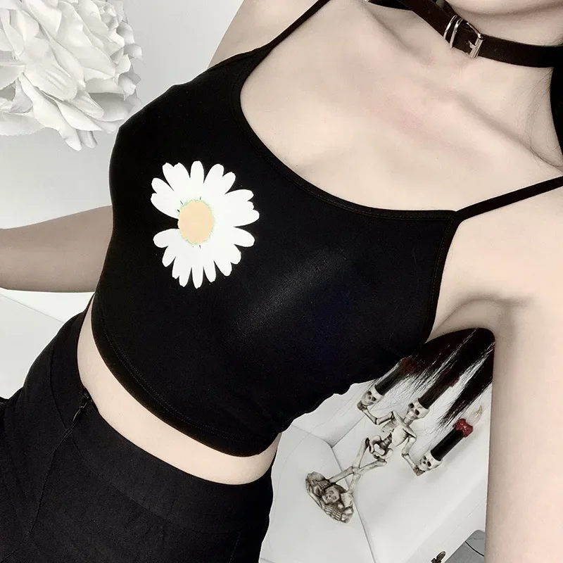 

y2k Sexy Daisy Print Tank Tops Summer Women Black Backless Sleeveless Crop Tops Gothic Punk Streetwear Girl Casual Short Tops