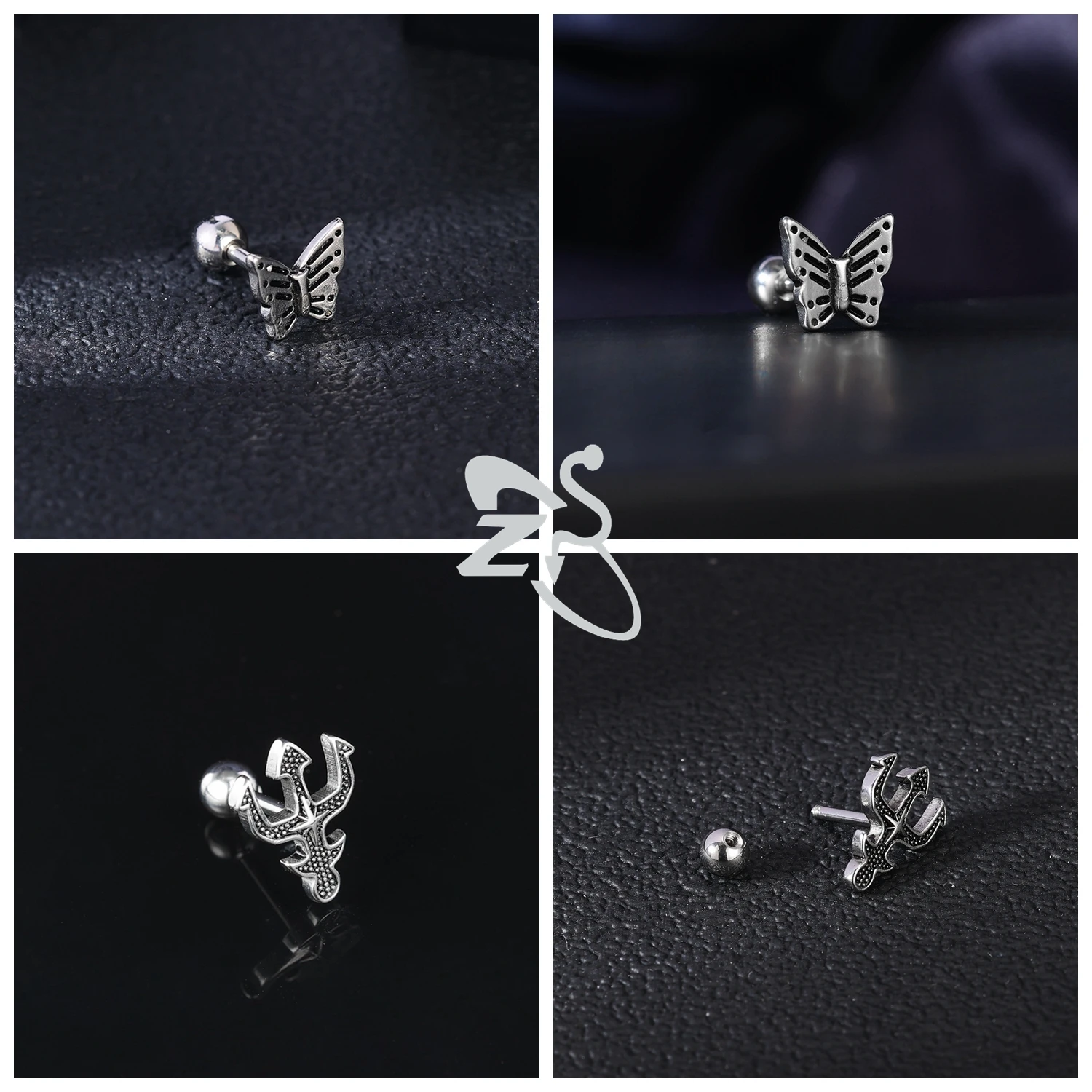 ZS 1-2pcs/lot Punk Stainless Steel Stud Earrings Skull Heart Butterfly Shape Ear Studs Cartilage Tragus Helix Piercings Jewelry