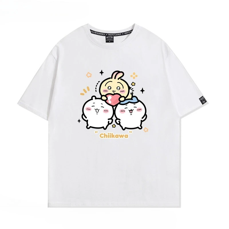 Kawaii Chiikawa Anime Graphic Tee Ji-i Usagi Hachiware Unisex Loose Fit Cotton Casual Couple Short Sleeve Tops