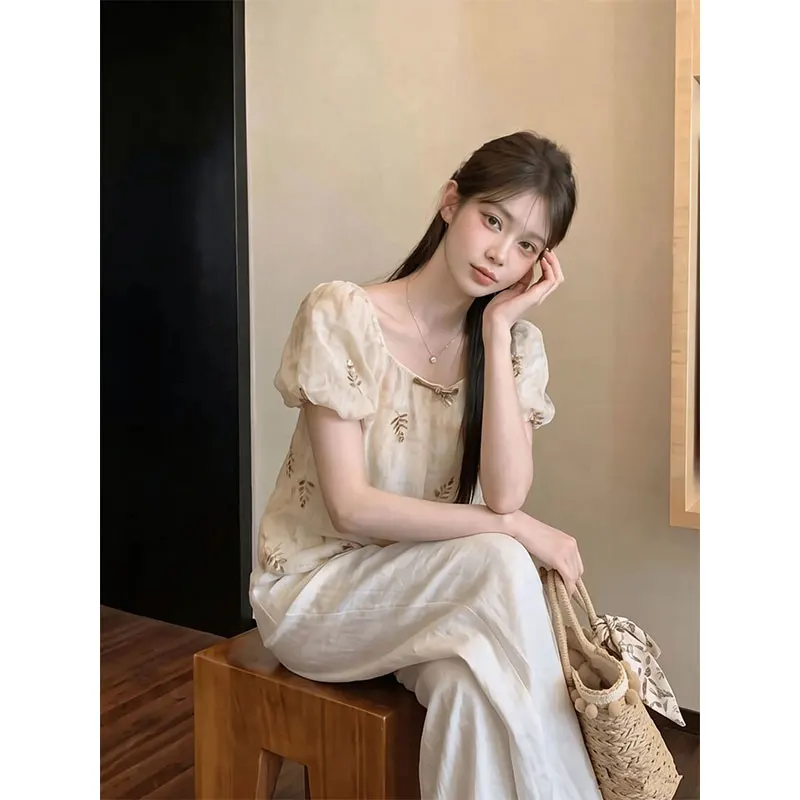 Women Clothing Summer Fashion Casual Printing Solid Color Square Collar Female All-match Floral Chiffon Short Sleeve Loose Tops