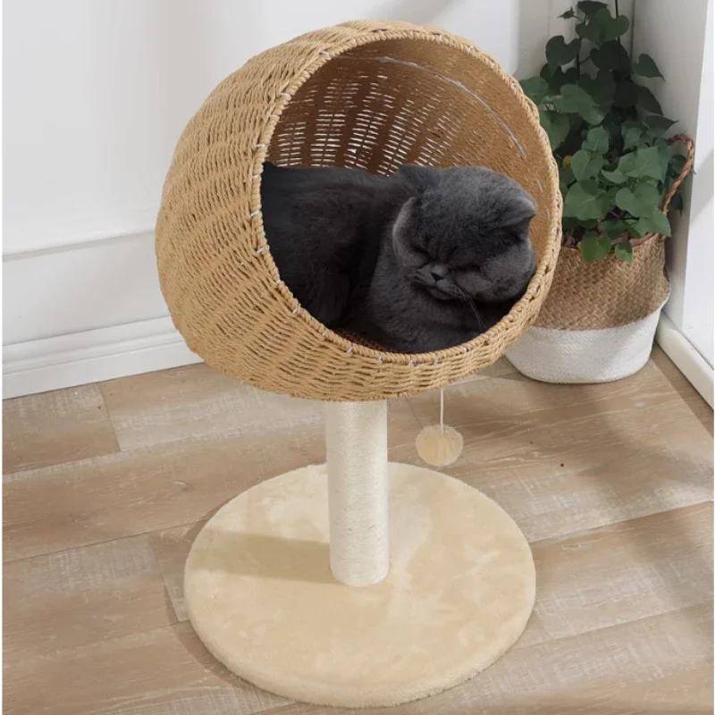 Japanese Rattan Woven Cat Toys - Natural Sword Hemp Scratching Post with Breathable Cat House Durable Climbing Tree New Arrivals