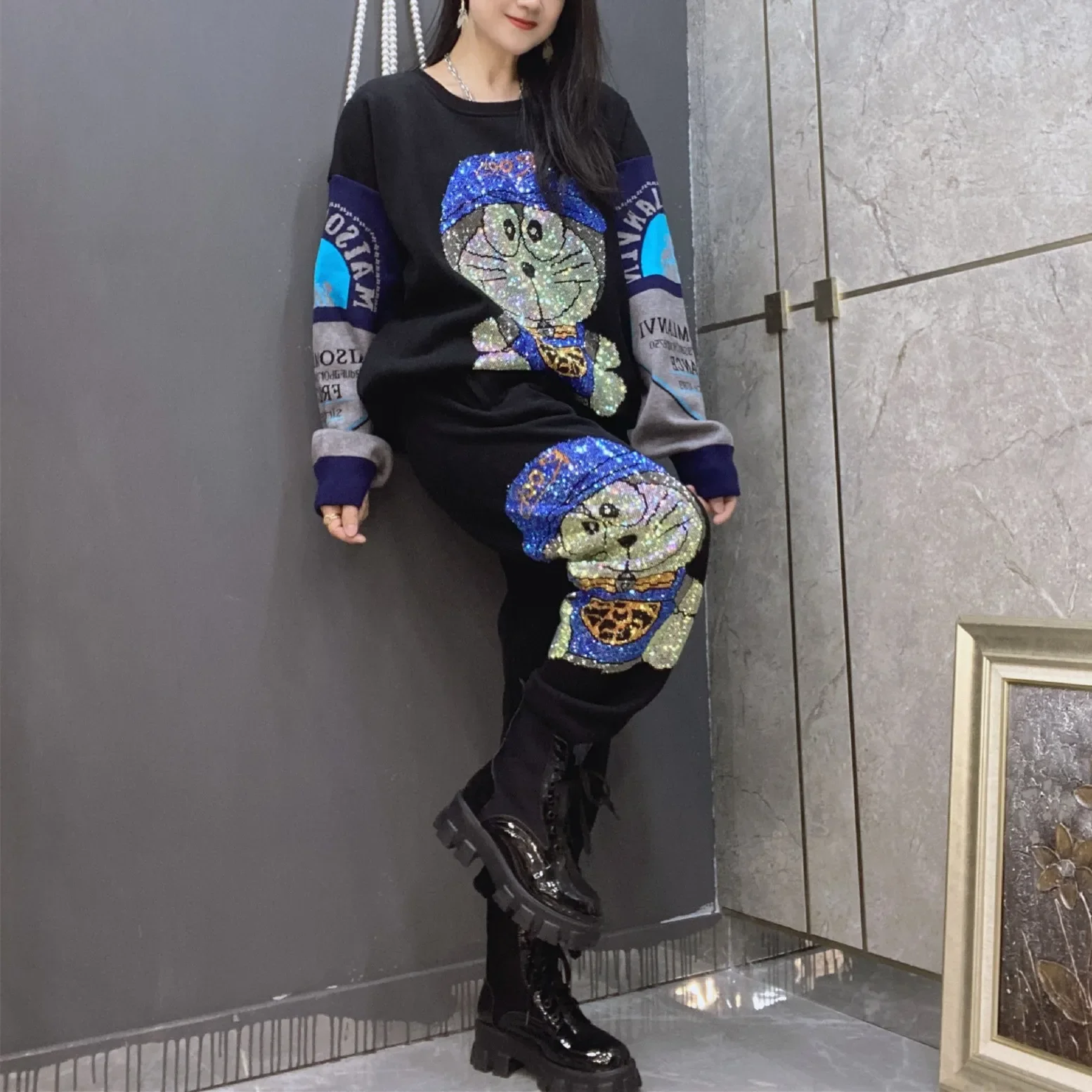 Fashion Cartoon Diamonds Sweater Set with Long Pants Women Winter Clothes Thick Velvet Loose Two Piece Sets Womens Outifits