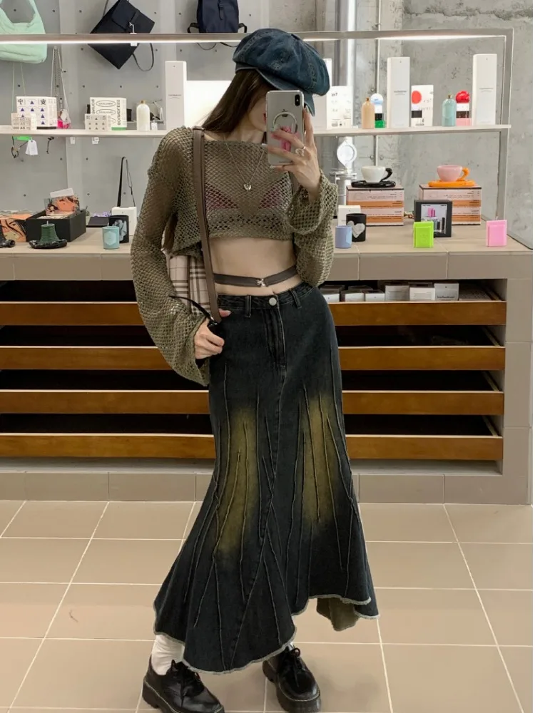 Women's Vintage Long Denim Skirt Fashion Korean Style Ribbon A-Line Skirt Harajuku Streetwear Y2k 90s Pippie Jean Skirt Clothes