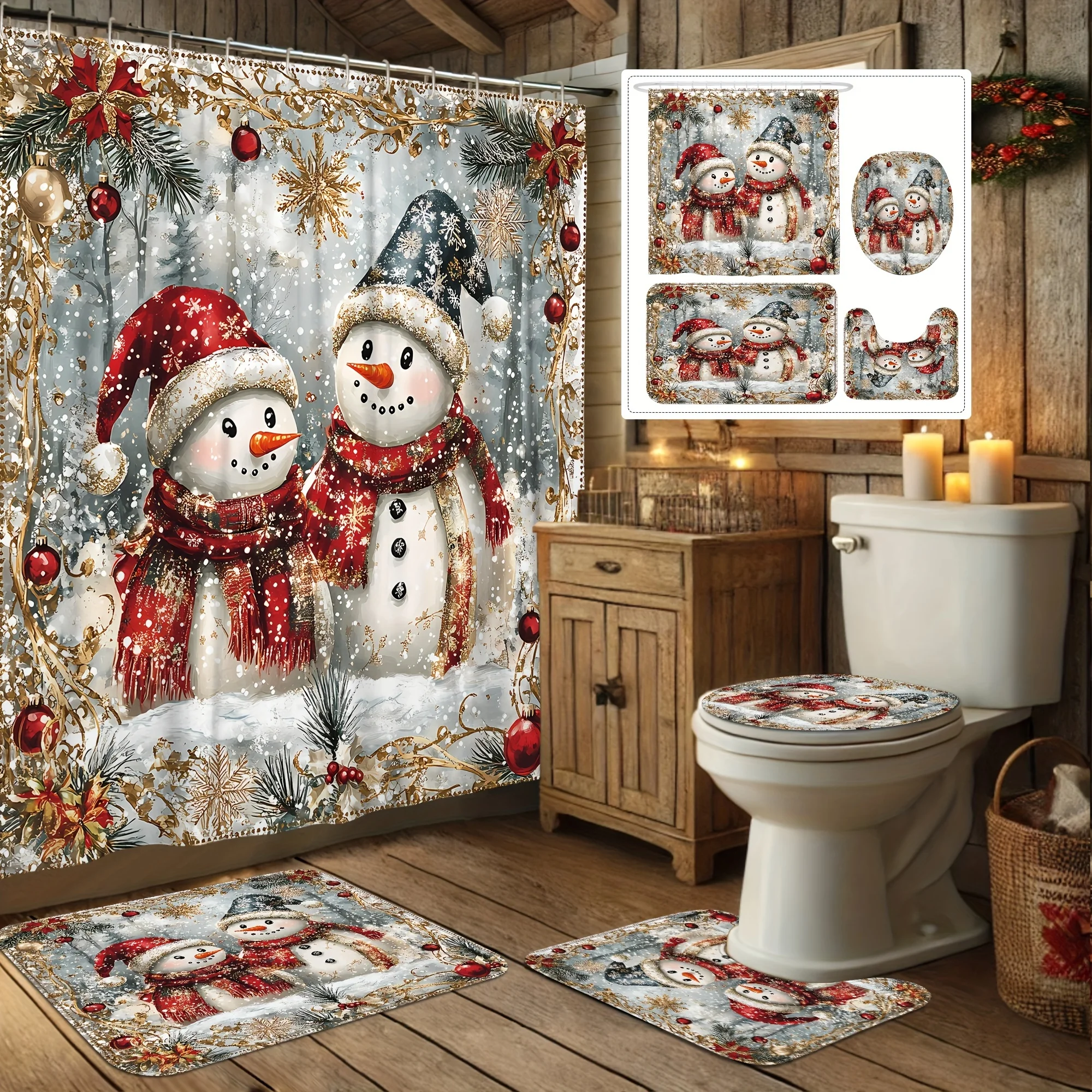 4Pcs Xmas Bath Set,Snowman Ball Santa Hat Snowflake,Cute Red White, Holiday Shower Decor, 12 Hooks, Non-Slip Mat, U-Shaped Cover