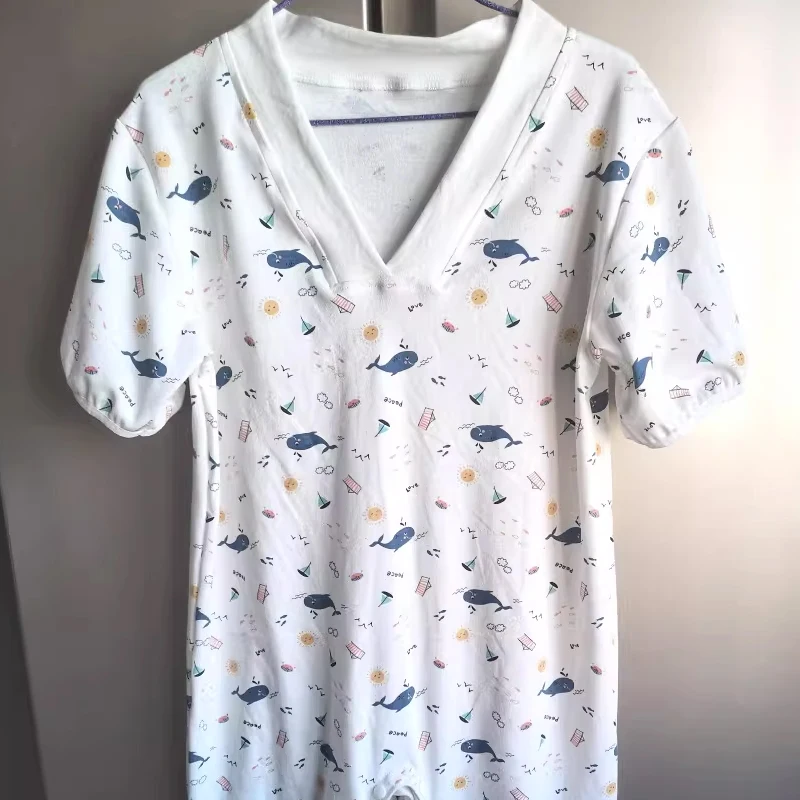 

ABDL Cotton V-neck Short Sleeved Jumpsuit Comfortable Soft With Snaps Rompers Cute Cartoon Printed Loose Adult DDLG Playsuits