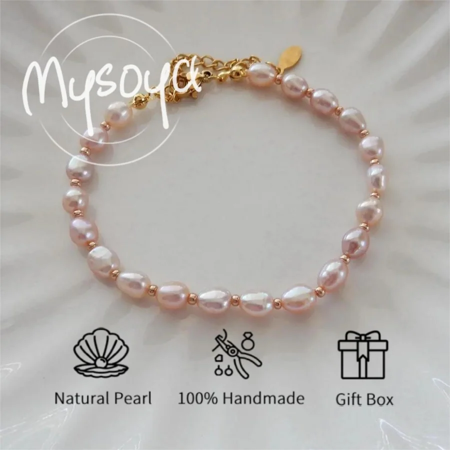 

MYSOYA 6-7mm Natural Pink Freshwater Rice Shape Pearl Bracelet For Women Men With Gift Box Perfect Birthday Wedding Gift
