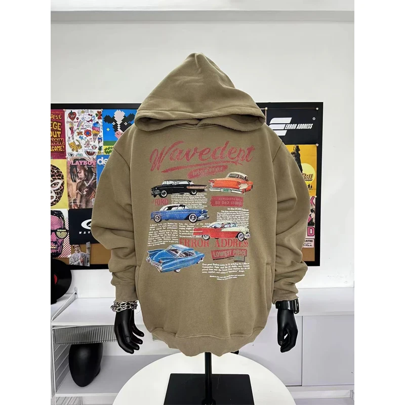 Oversize Streetwear Men Hoodie Black Brown Retro Wash Do Old Fleece Sweatshirts Car Poster Pattern Print Pullovers Fall Winter