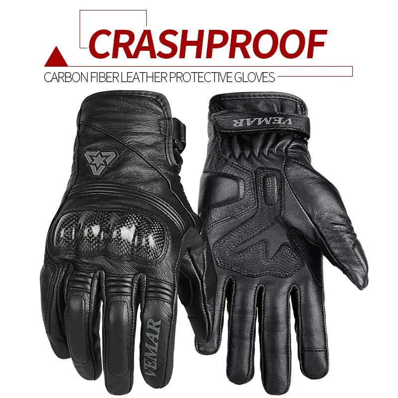 Vemar retro leather motorcycle gloves Moto women mens gloves touch screen knuckles gel cycling glove Guantes motos four seasons