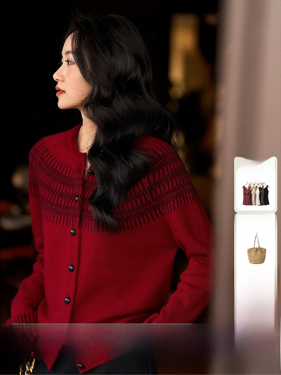 

XiaoHanGe Wool Camere Knitted Cardigan Casual Loose Fit Long Sve round Ne Button up Warm Office Commute Sle