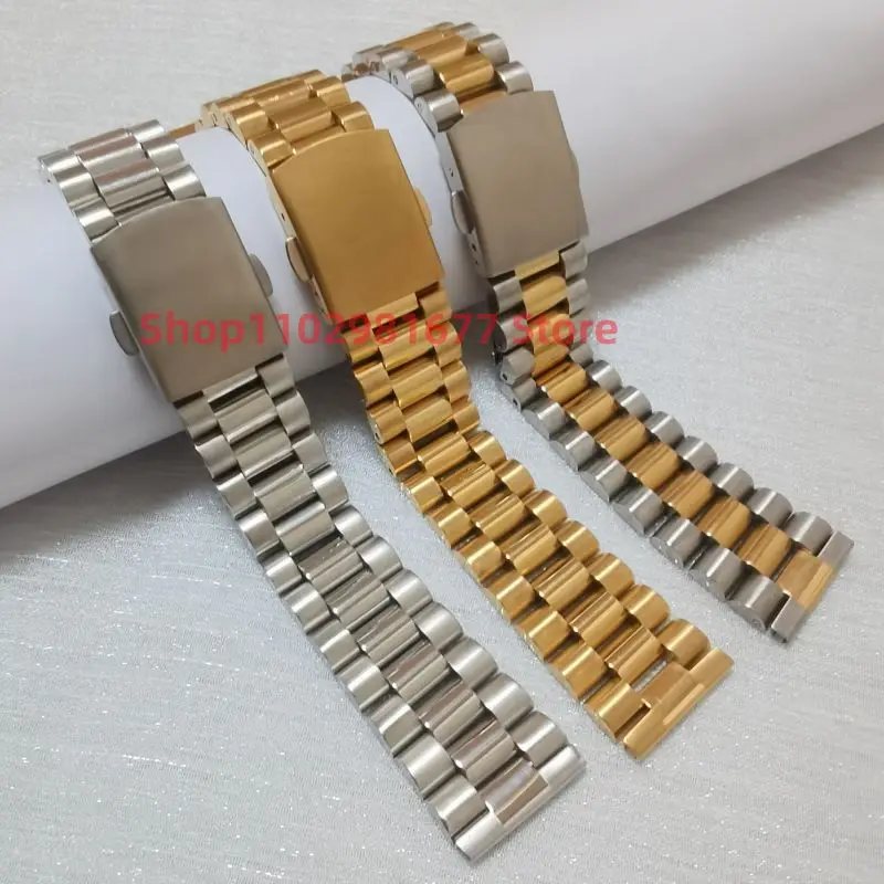 18mm 20mm 22mm Universal Straight End Solid  Stainless  Steel Silver Gold President  3 Beads Watch Band Strap Bracelet