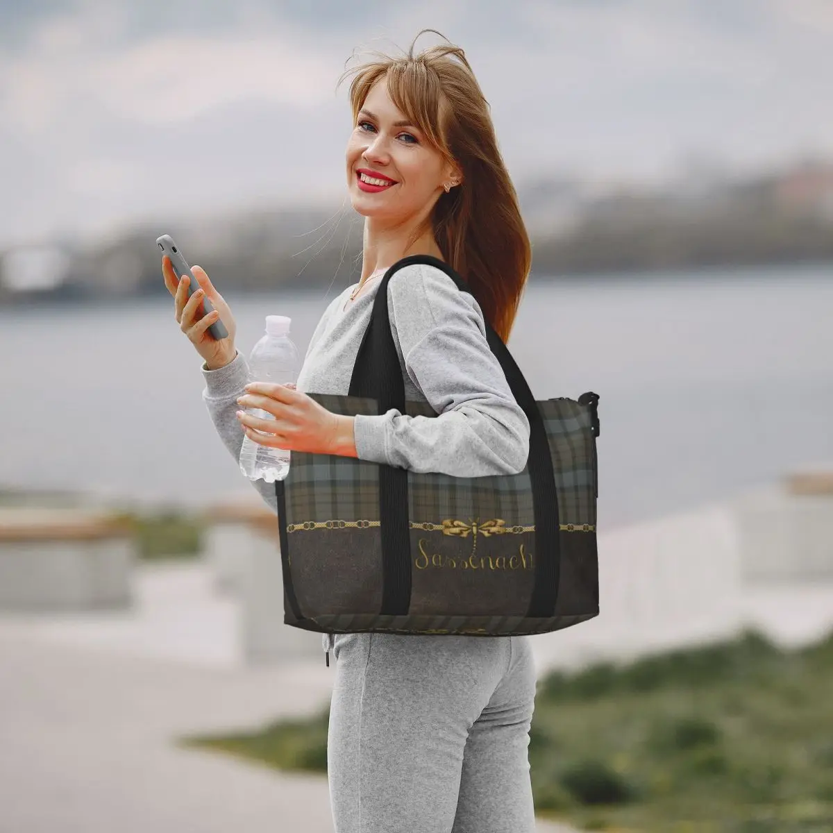 Sac fourre-tout en cuir et tartan personnalisé, motif libellule Sassenach, grande capacité, carreaux modernes, sacs de voyage à carreaux Bergame, salle de sport, plage