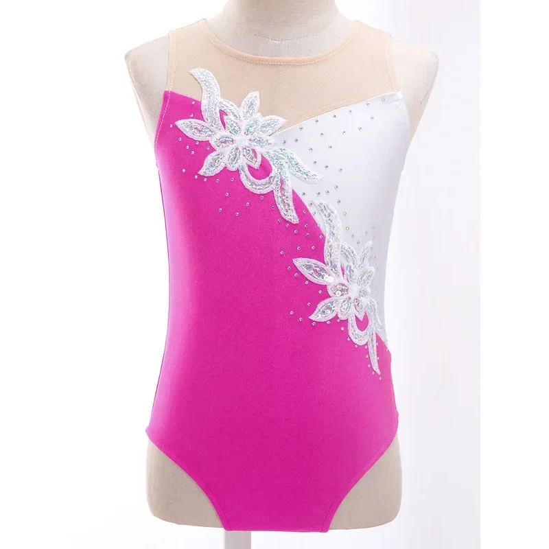 여자 발레 댄스 레오타드 체조 복장 키즈 민소매 메쉬 반짝 이는 스팽글 바디 슈트와 피겨 스케이팅을위한 반바지 MN1 수행