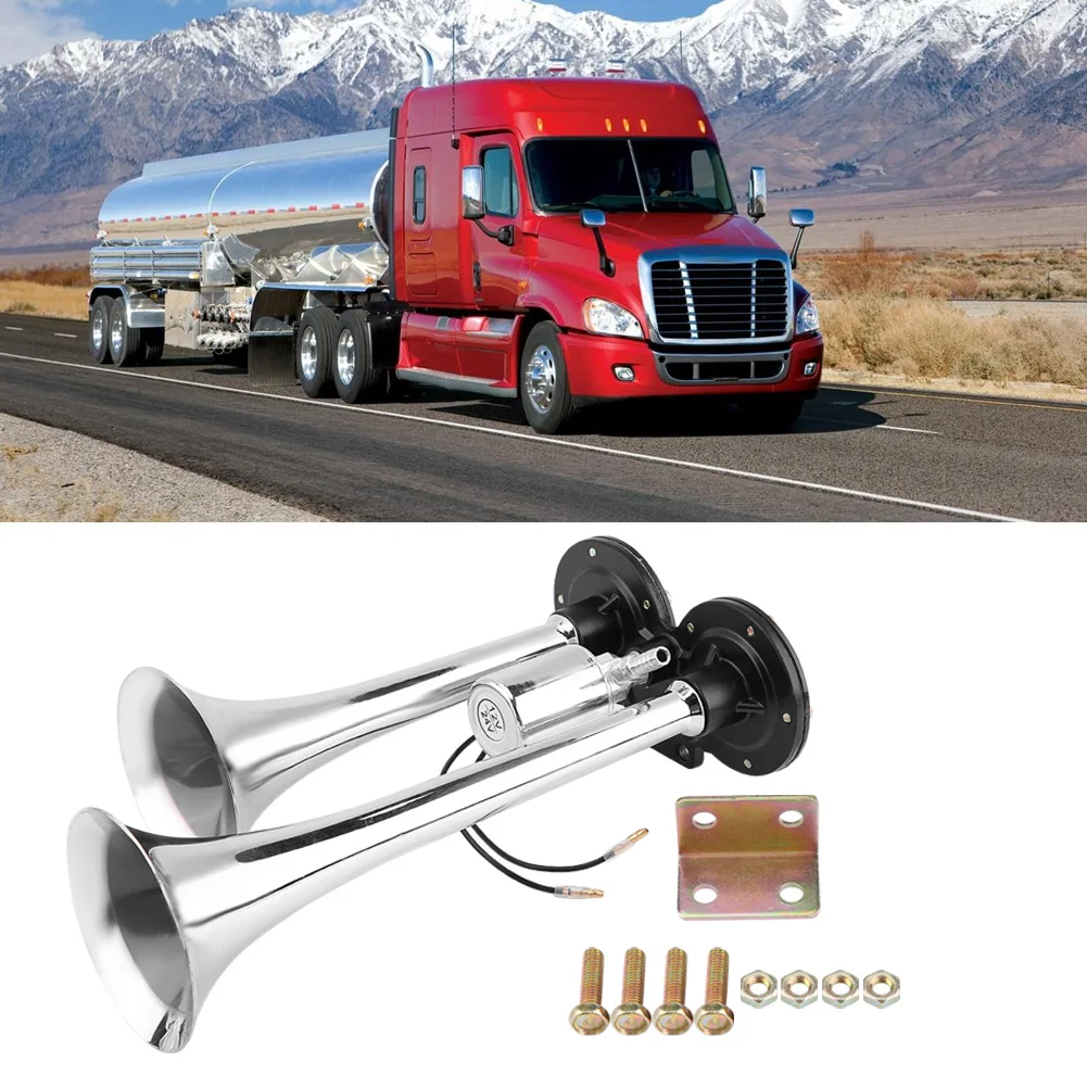 Dual Trumpet Air Horn Dual Trumpet Air Horn Kit Dual Trumpet Truck Train Boat RV 150db Super  Dual Trumpet Air Horn Chrome