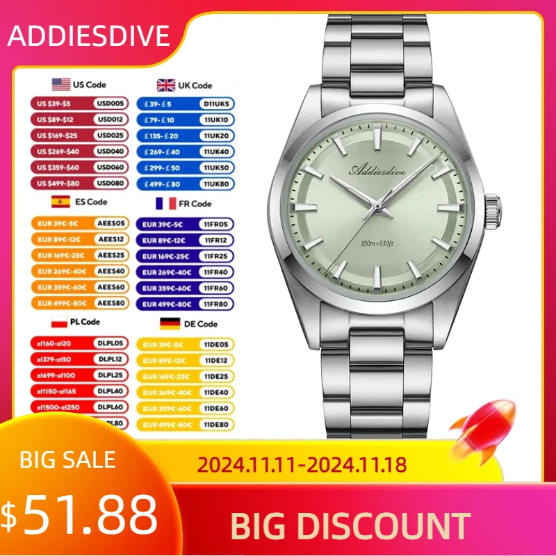 ADDIESDIVE Luxury Watch Stainless Steel 100M Waterproof BGW9 Luminous Quartz Watches Bubble Mirror Glass AD2066 Men's Wristwatch