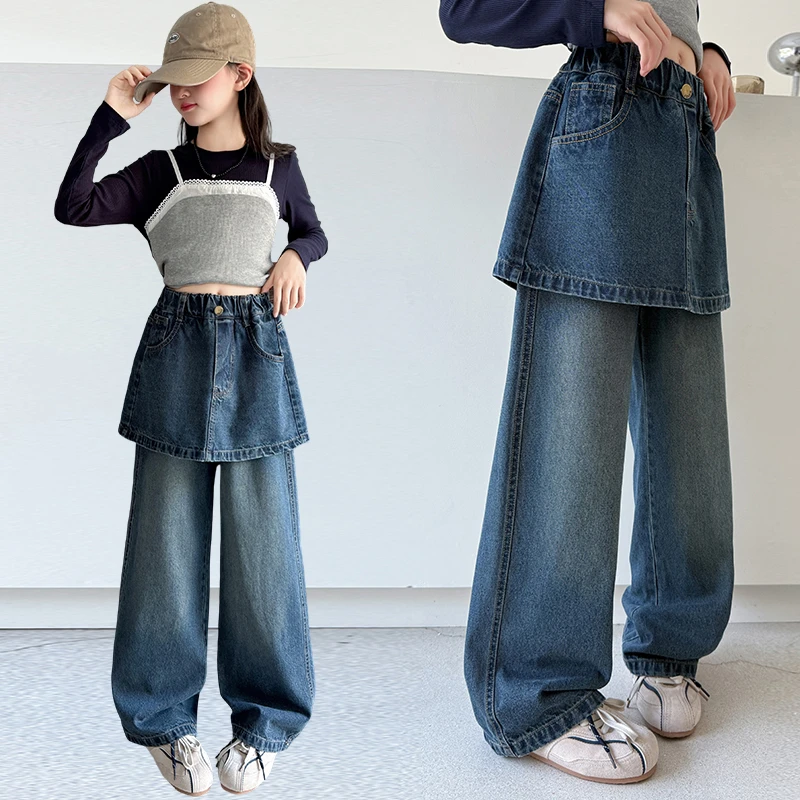 

New Kids Designer Fashion Denim Skirt in Jeans For Tween Girls Casual Loose Straight Jeans Pants Child Age 5 6 8 9 10 11 13 14 Y