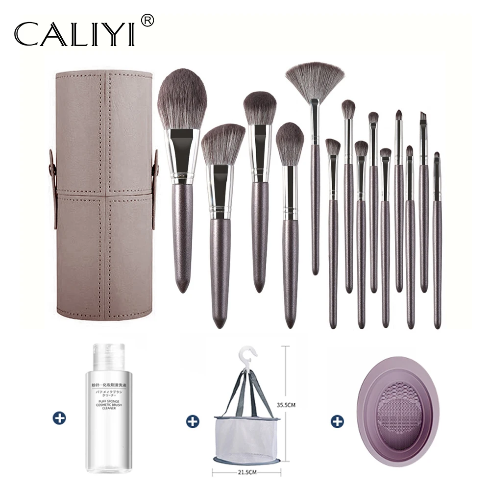 14PCS Elegant Gray Makeup Brushes Horse Hair With Holder Cleaner Tools Powder Foundation Eyebrow Eye Shadow Eye Liner Lip Blush