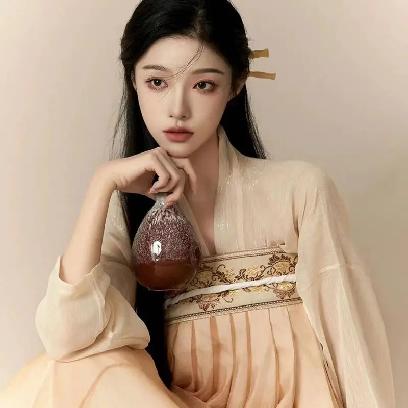 Vestido hanfu tradicional antigo, feminino chinês, elegante, bordado floral, palco, dança folclórica, retrô, conjunto da dinastia weijin