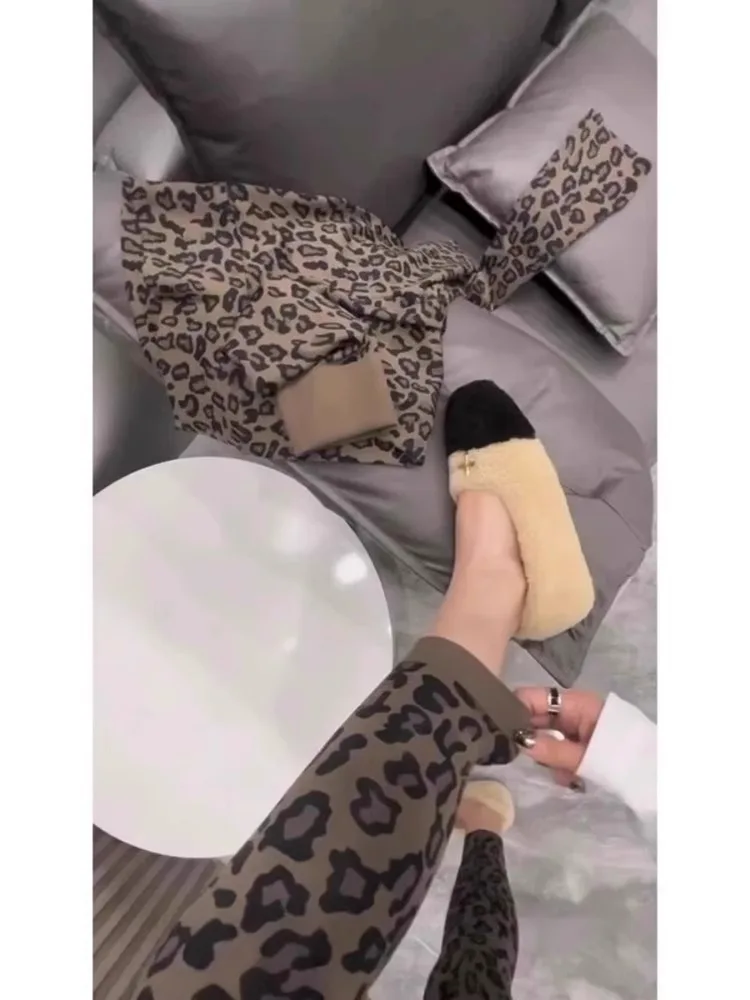 하이웨이스트 기모 요가 팬츠 여성용 베이스 레이어 팬츠 아웃웨어 가을 겨울 레오파드 프린트 아크 스킨 나인 포인트 텀미 씨...