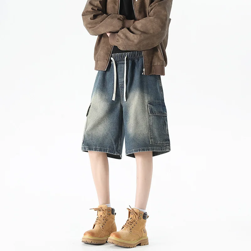 

2025 summer new all-elastic waist tooling style jeans fashion men's shorts light blue denim shorts