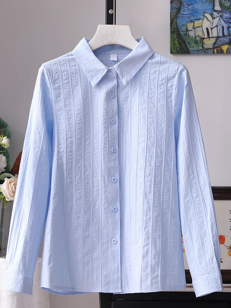 

Slimming Effect Blue Long Sleeve Women's Shirt Versatile Minimalist Style Commute Hong Kong Style Base Layer Top