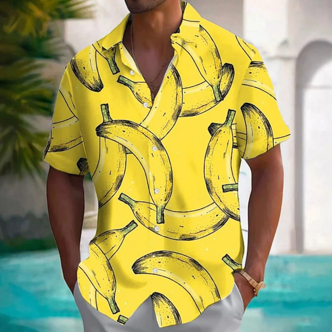 Summer Men's Lapel Shirt Fruit Print Banana Print Beach Casual Fashion Short Sleeve Tops Hawaiian Style OverSize Men's Clothing
