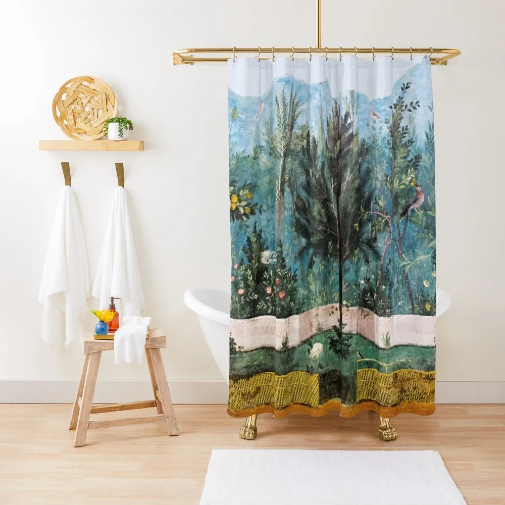 ANTIQUE ROMAN WALL PAINTING Flower Garden Flying Birds Pine,Quince and Apple TreesShower Curtain Funny Shower Curtain