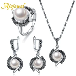 Ajjewel-女性用の黒いイヤリング,シミュレートされた真珠のイヤリング,ネックレス,イヤリング,ヴィンテージのアクセサリーのセット