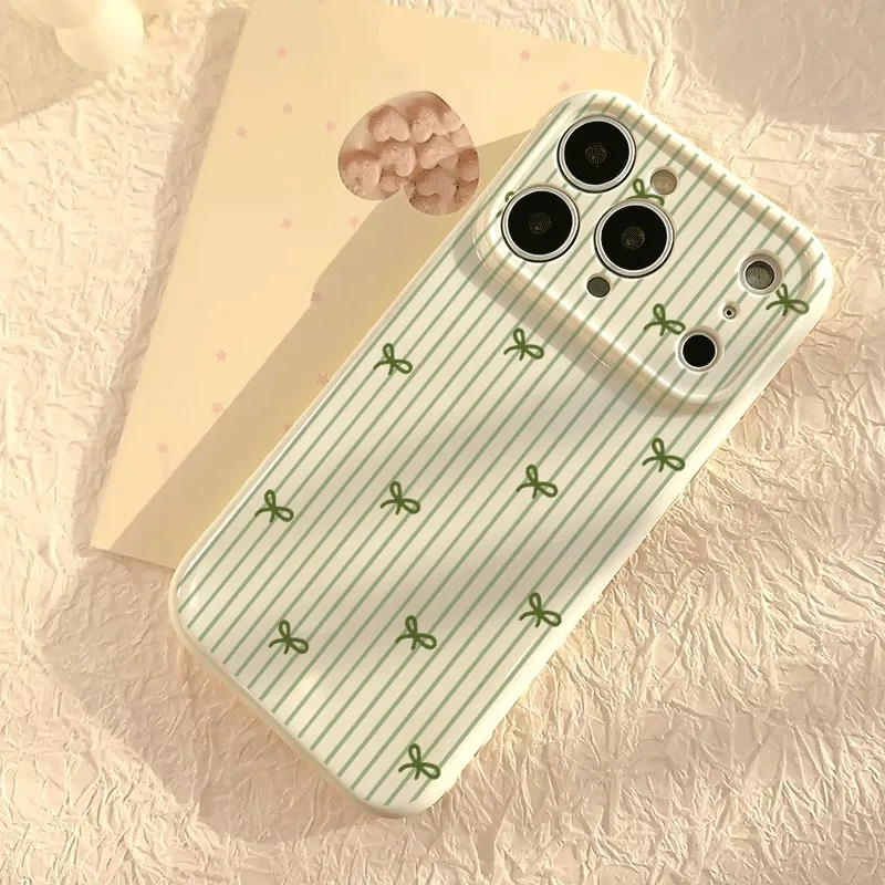 Dunkelgrünes Handyhülle mit dünnem Streifenmuster und dunkelgrüner Schleife für iPhone 17 16 15 14 13 12 11 Pro Max Plus, stoßfeste weiche Schutzhülle