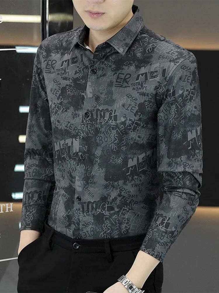 High-End Men's Long-Sleeve Shirt Letter Print Slim Fit Casual Fashionable Business Personality Floral Pattern Iron-Free Top