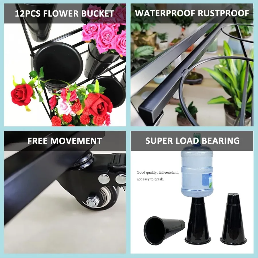 FPIGSHS حامل عرض زهور مكون من 3 طبقات مع عجلات بناء حديد معدني أسود بسعة وزن 150 رطلًا مثاليًا لديكور الزفاف #4