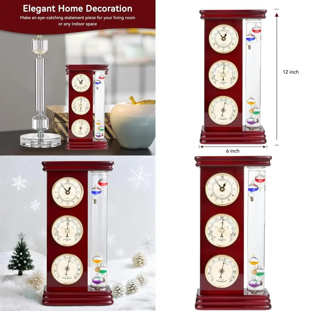 

Gold Galileo Thermometer with Quartz Clock, Barometer, Hygrometer - Elegant Weather Station for Home or Gift (6x2x12)