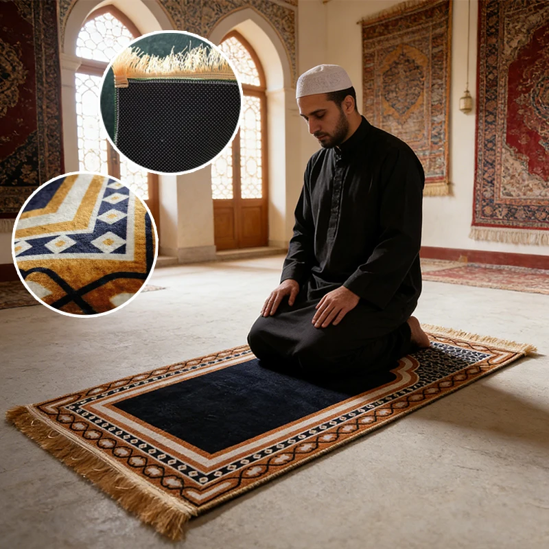 Islamic Mat 70x110cm Thick Velvet Embossed Tassel Prayer Rug for Men & Women Foldable Eid Gift Portable for Travel Home Mosque