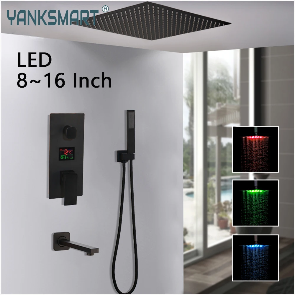 YANKSMART Black Bathroom Shower Faucet Rainfall Shower Head 3-Way Digital Temp Display Faucets Swivel Bathtub Spout Tap Set