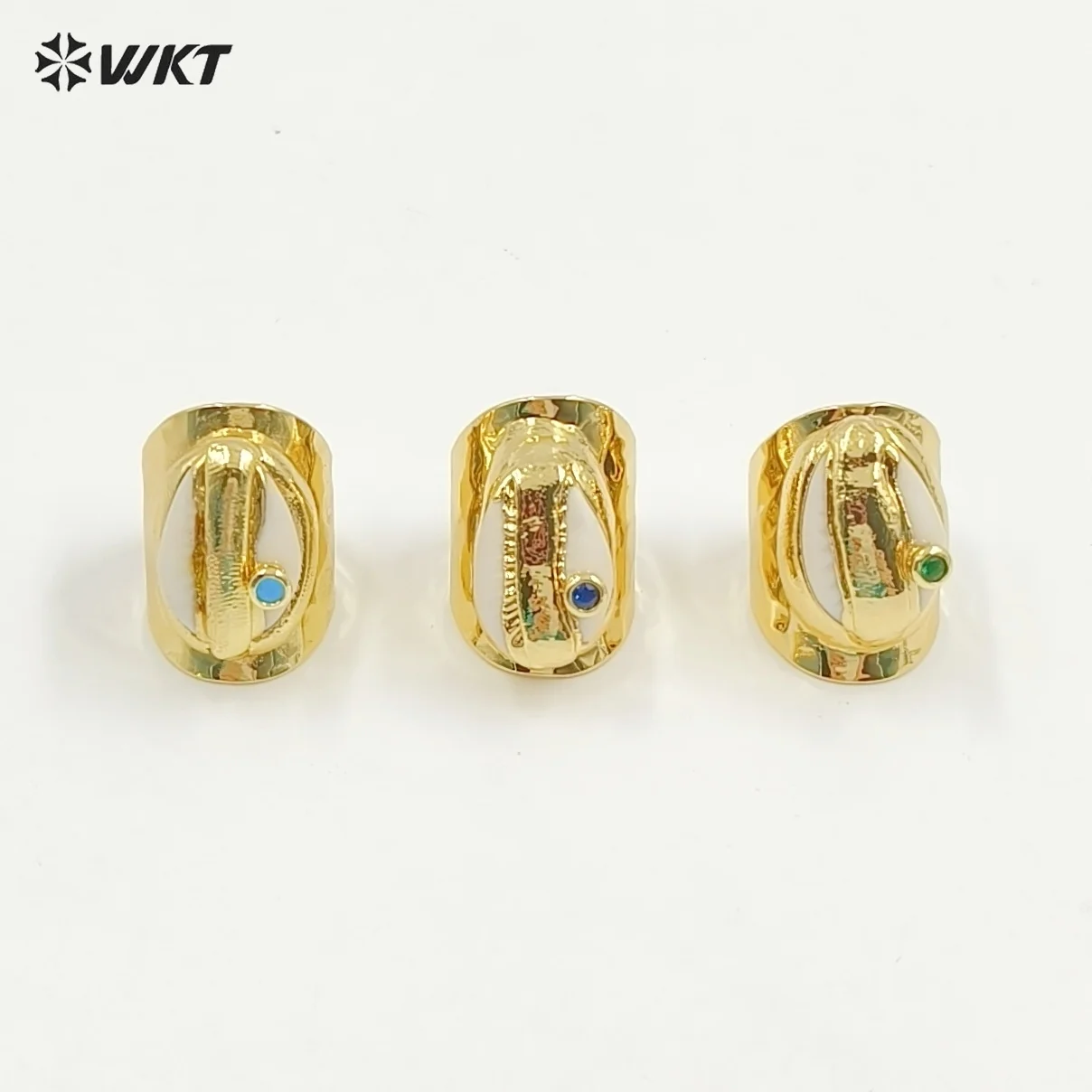WT-R335 Classic Style Hotsale Cowrie Shell Charms With Colored Zircon Paved Brass Ring For Couple Retro Decorated