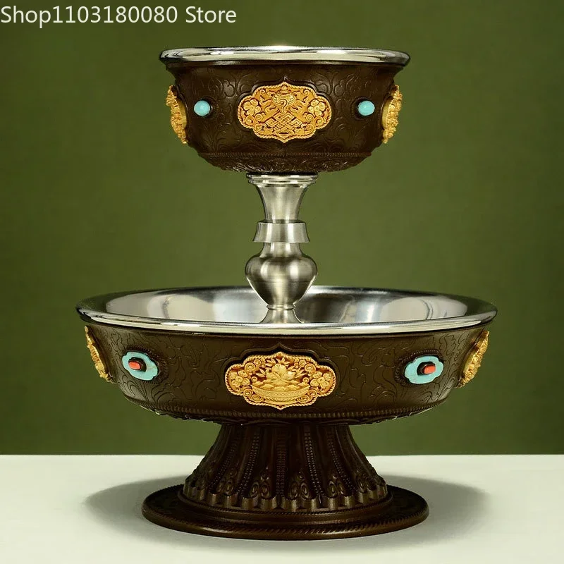 Copper Stainless steel carving Eight auspicious Dharma cup Nepal Tibet worship Dharmapala tray,13.5cm,16cm