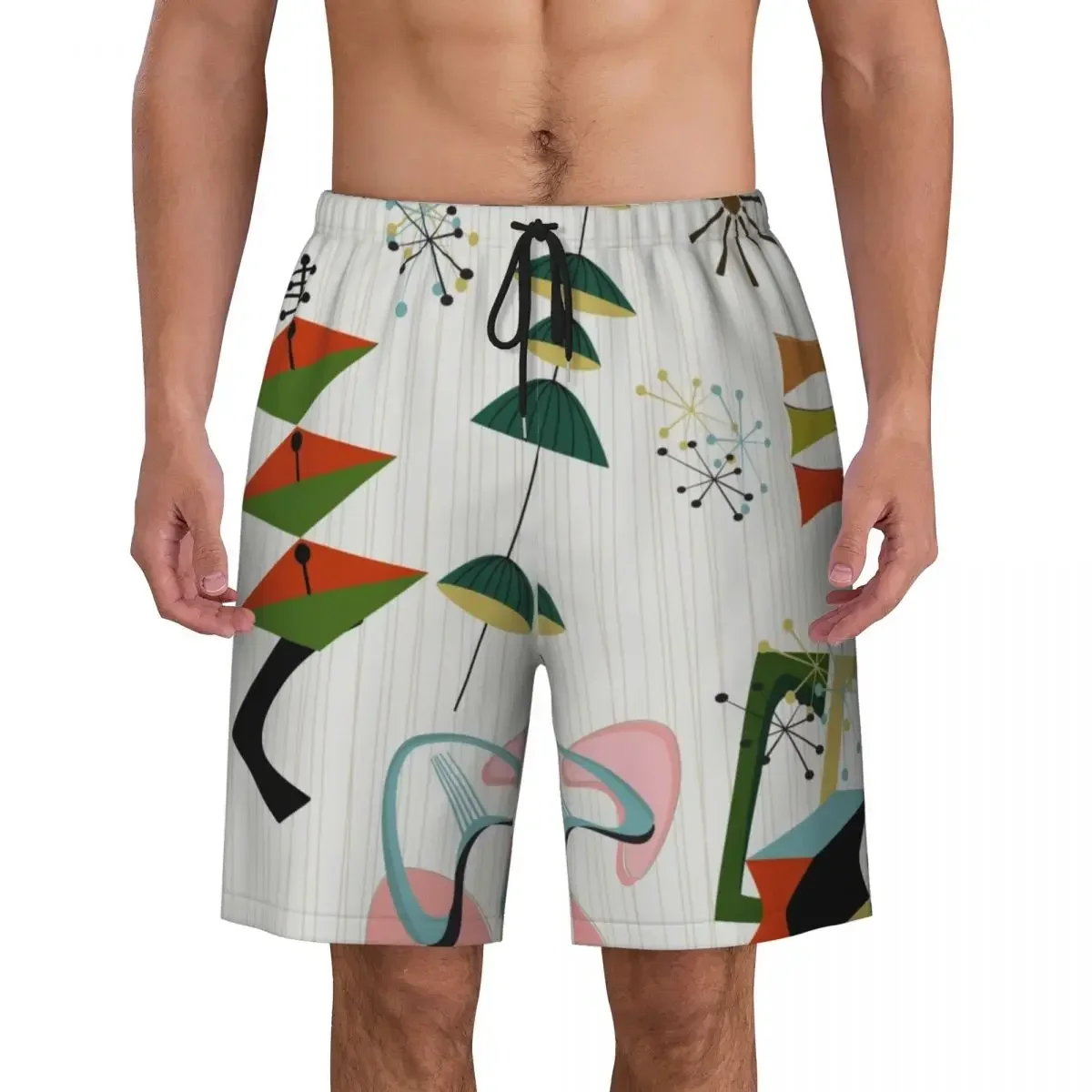 Retro Eames Era Atomic Inspired Boardshorts Quick Dry Board Shorts Mid Abstract Geometric Swim Trunks Print Swimwear Suits