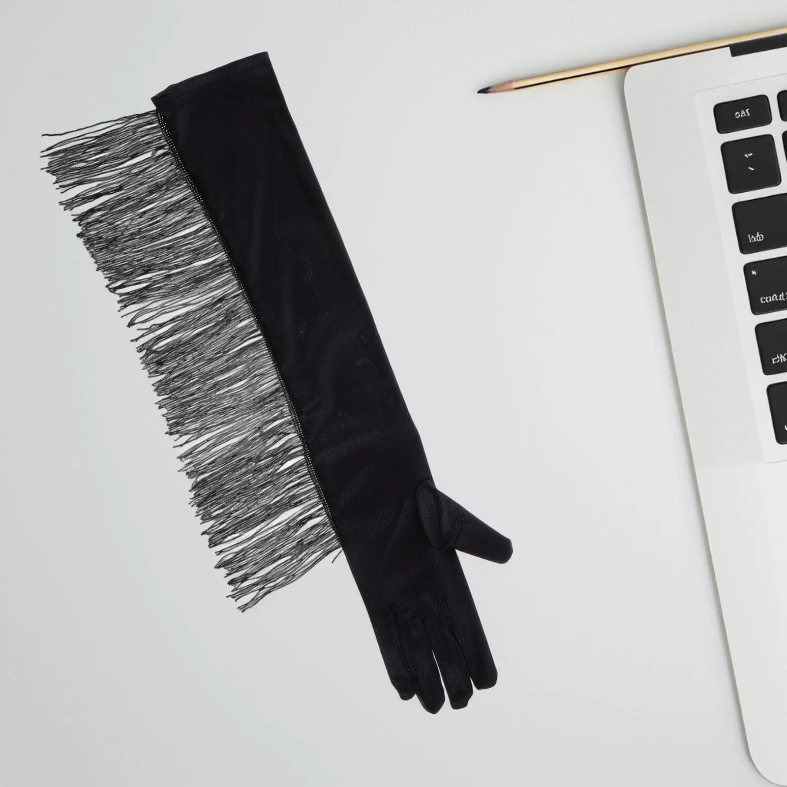 

1Pair Classic Black Long Satin Gloves Vintage 1920S Tassel Trim Elbow Length for Women Dance Performance Wedding Cosplay Retro