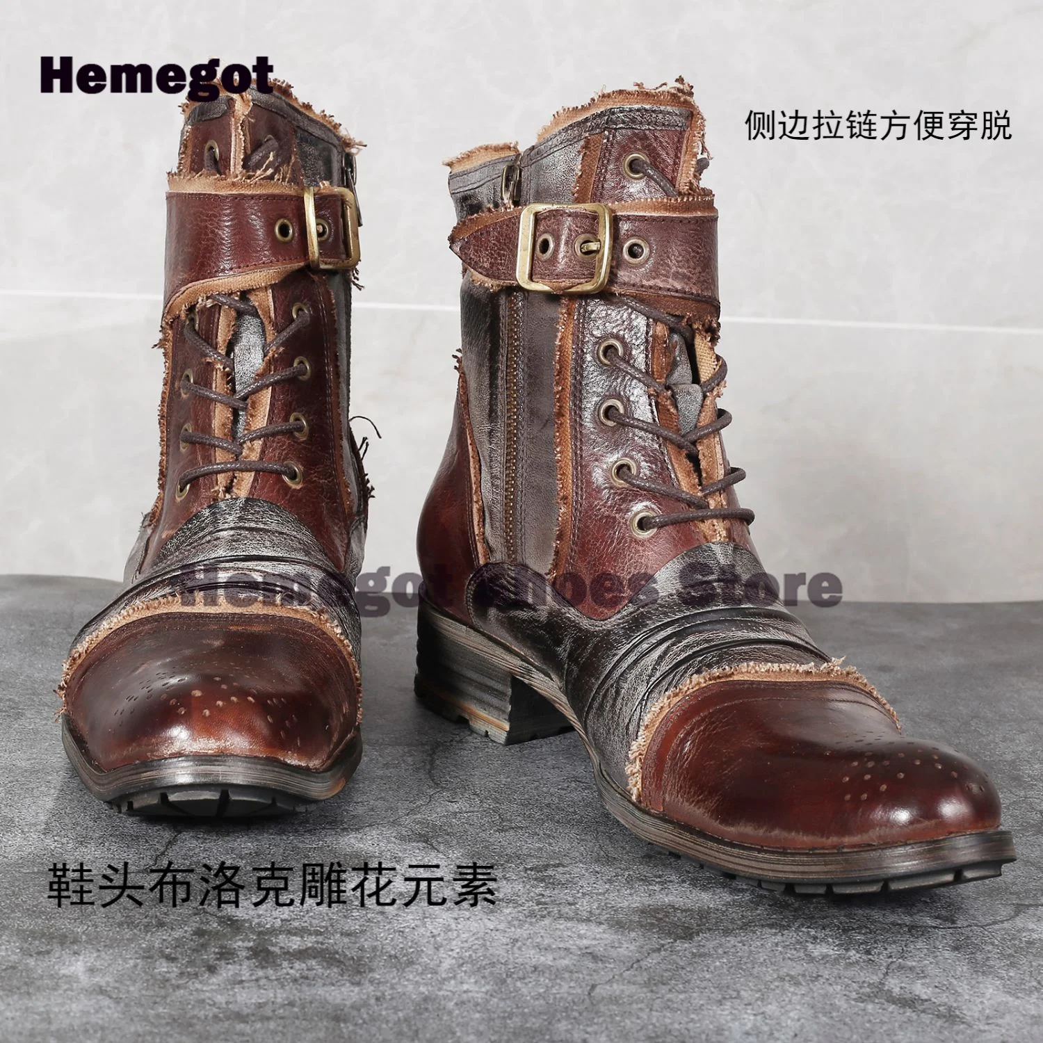 

Cross-Tied Buckle Strap Men's Boots Side Zipper Booties Durable Block Chelsea Retro Trendy Handmade Cowboy Boots Men Botas