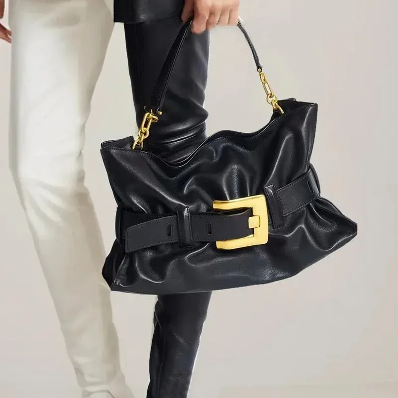 

Luxury Women's Bag Soft Leather Large Capacity Crocodile Pattern Pleated Tote Bag Belt Buckle Design Shoulder Cloud Armpits Bag