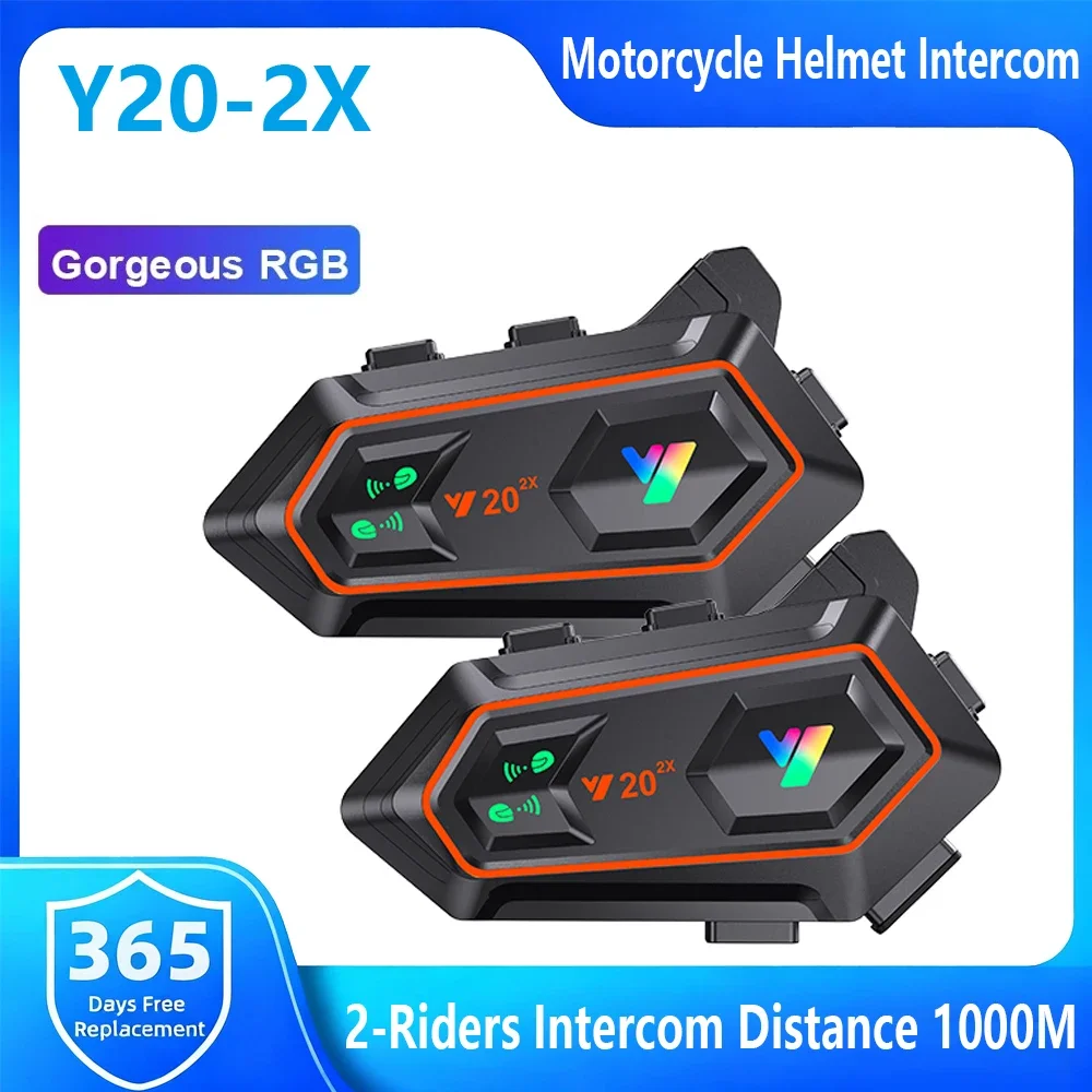 Y20-2X Motorcycle Helmet Bluetooth Headset 2-Riders Intercom 1000M RGB Light BT5.0 Voice Assistant Music Player IPX6 Waterproof