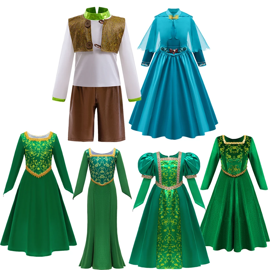 Fiona Cosplay Costume Girl Elegant Green Long-sleeved Dress Girls Blue Gown Boy Shrek Cosplay Suit Halloween Carnival Clothes