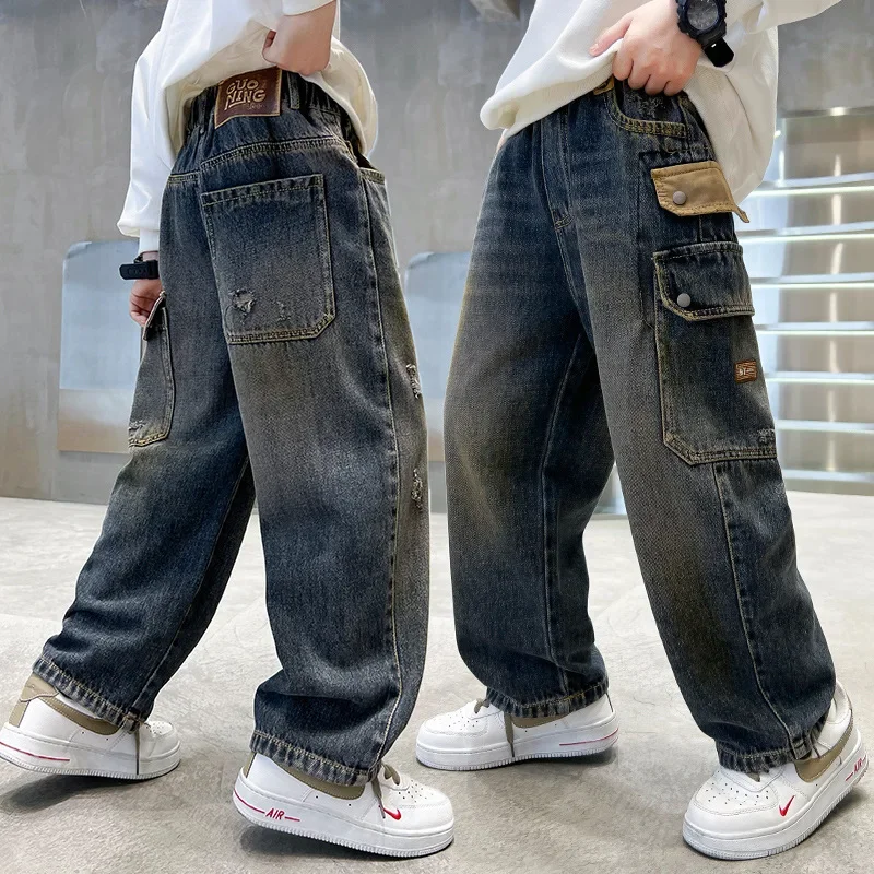 

Children's Side Pockets Kid Denim Cargo Pants Korean Boys' Jeans Version Of Boys Wide Leg Pants Boys' Jeans