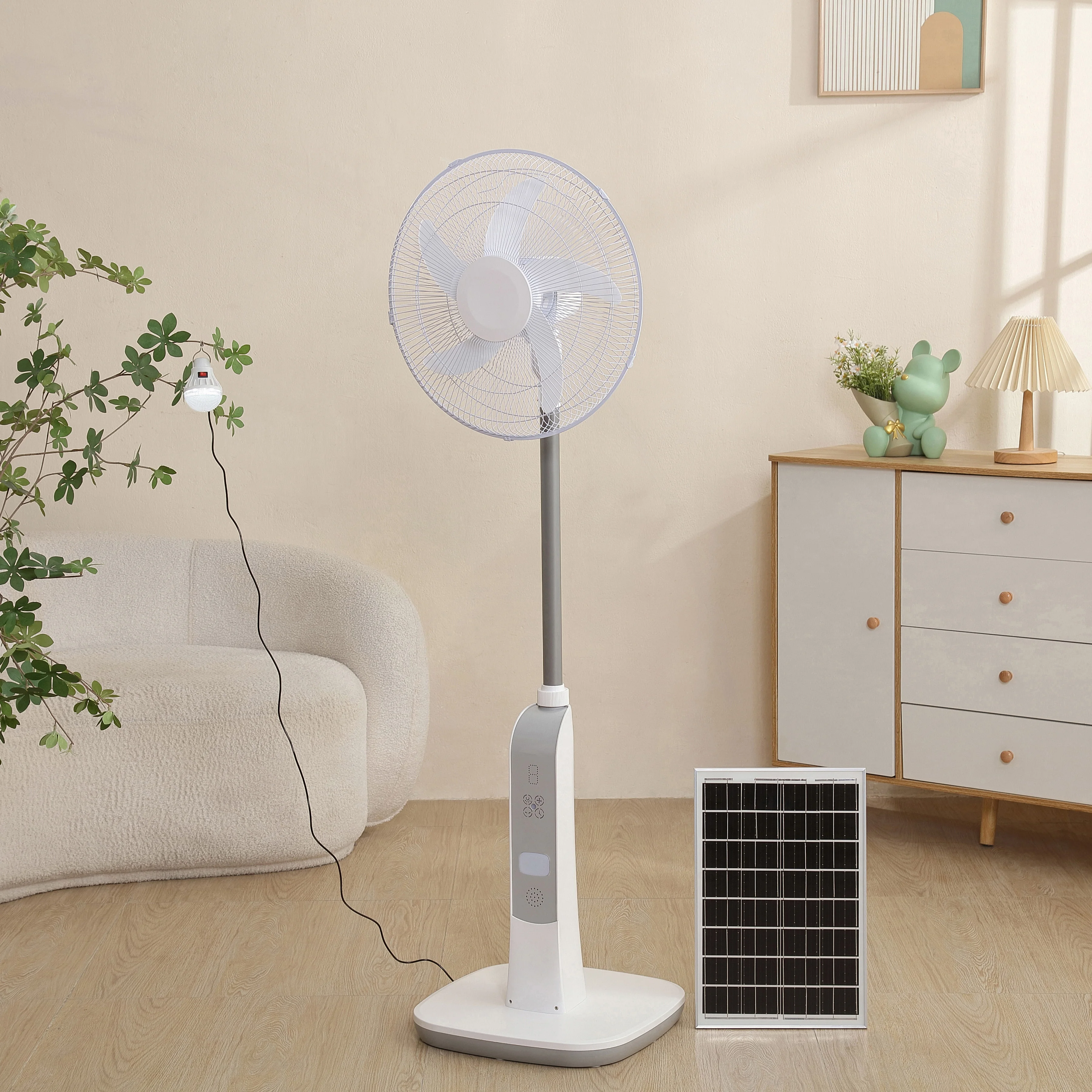 

Hot Sale 16-Inch Home Floor Fan Large Capacity Lithium Battery Solar DC Charging Music Brushless Motor Electric Made Plastic
